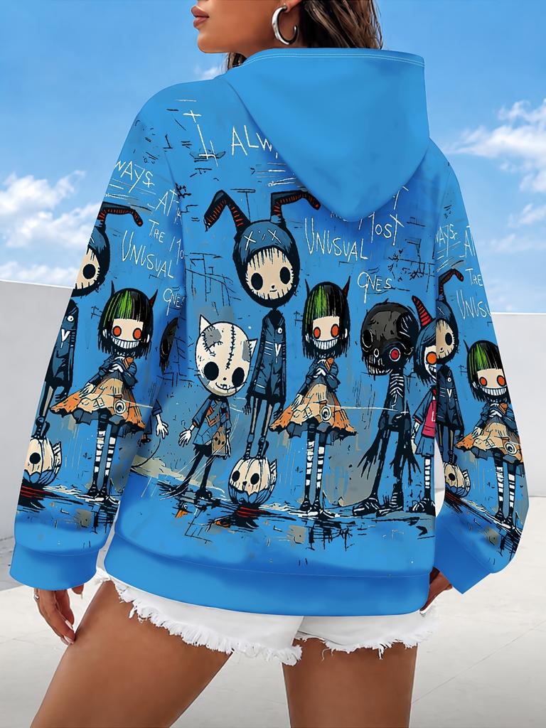 Lazy Women's Hoodie with Scary Cartoon Characters On Hoodie Women's Hooded Pullover Sweatshirt Fashionable Top