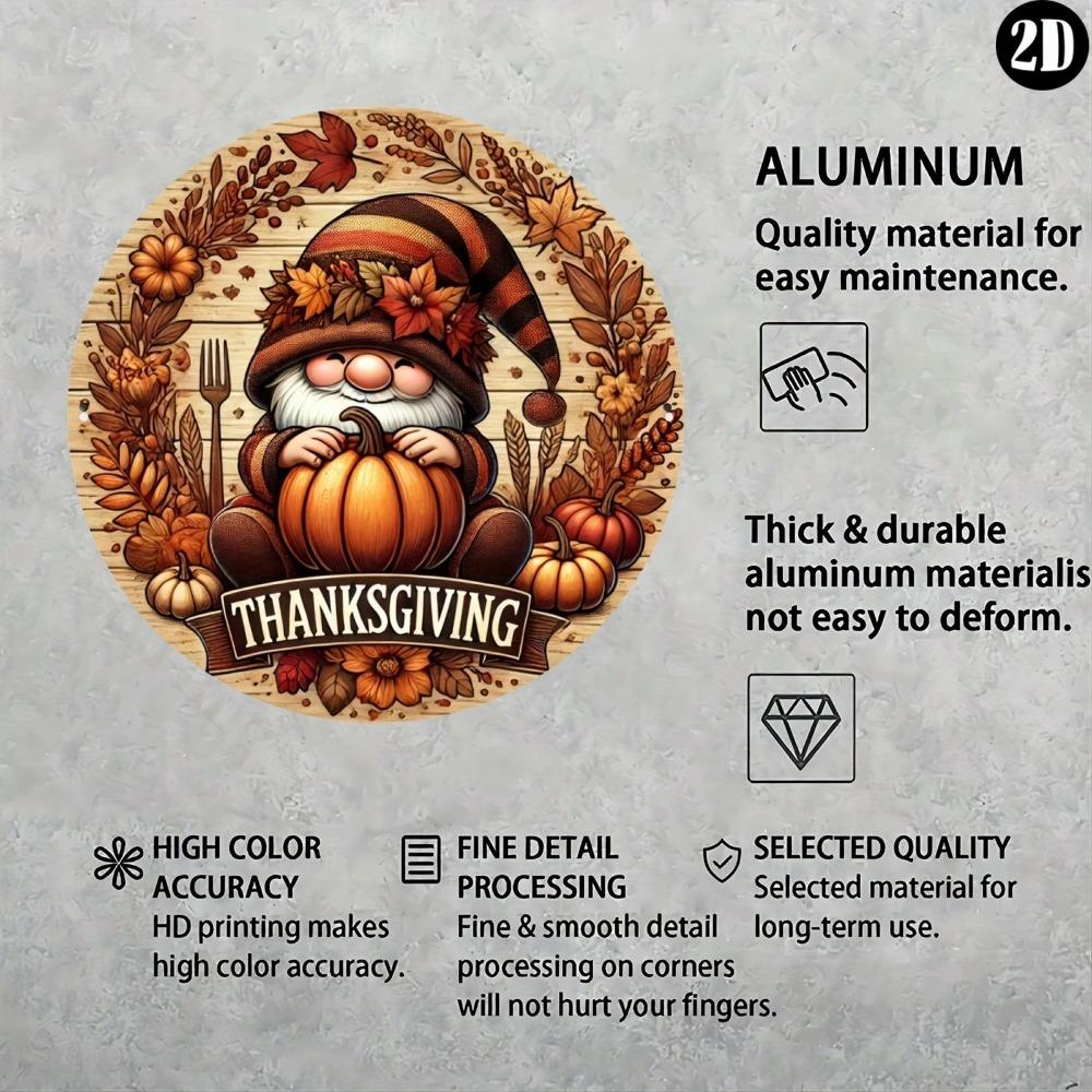 Vintage Metal Wall Art Round Aluminum Sign Thanksgiving Gnome Decor 8x8 Inch