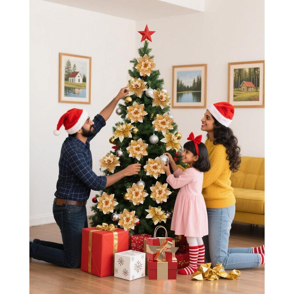 12Pcs Gold Christmas Poinsettias Flowers Decoration Artificial Flowers for Xmas Tree Ornaments Suitable for Home Christmas Decorations
