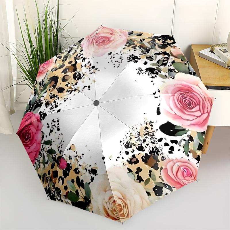 1pc Floral Leopard Print Auto-Fold Umbrella with One-Touch Open/Close - 8 Reinforced Ribs for Windproof Stability Yy251118143