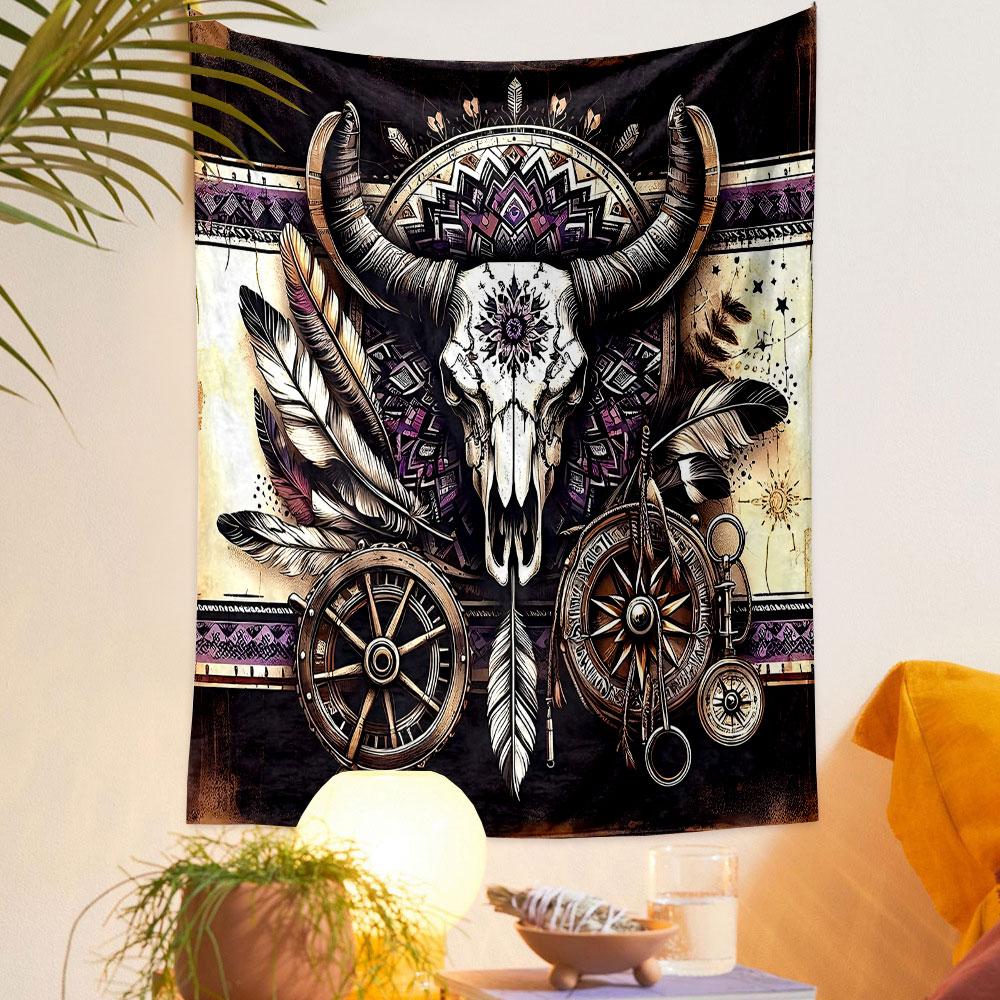 "Boho Skull with Feathers and Mandala" Patterned Tapestry Decorative Wall Hanging, Home Bedroom Living Room Decor