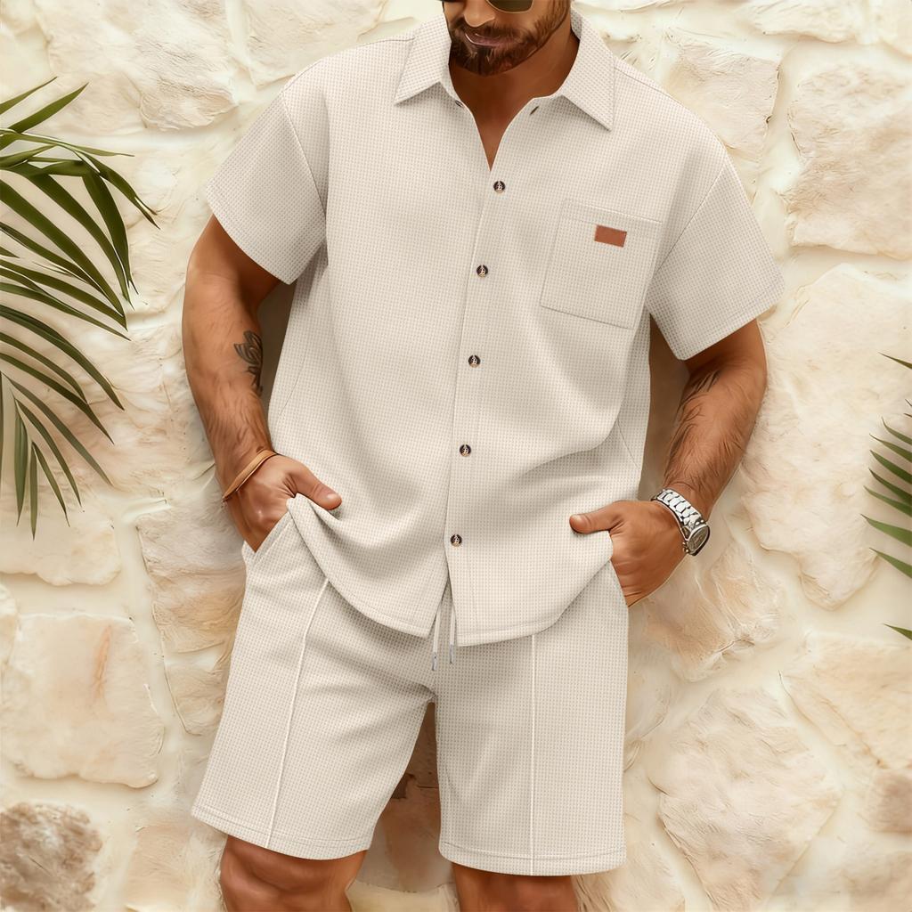 Men's Stylish Casual Collarless Short-sleeved Shirt - Men's Short-sleeved Top And Shorts Two-piece Set