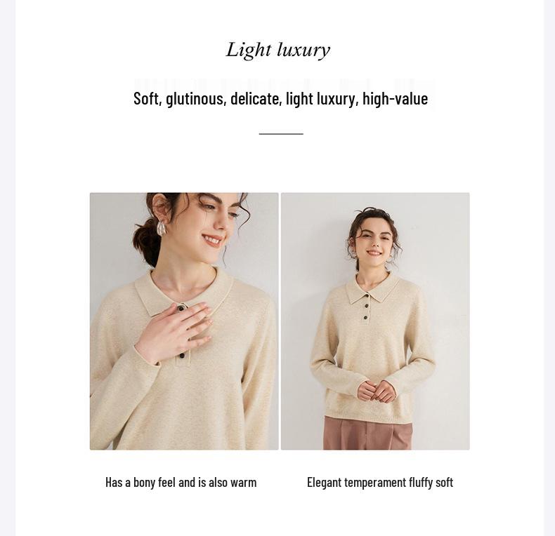 Women's 100% Pure Cashmere Slimming Polo Collar Sweater - Autumn/Winter Casual Long Sleeve Knitwear.