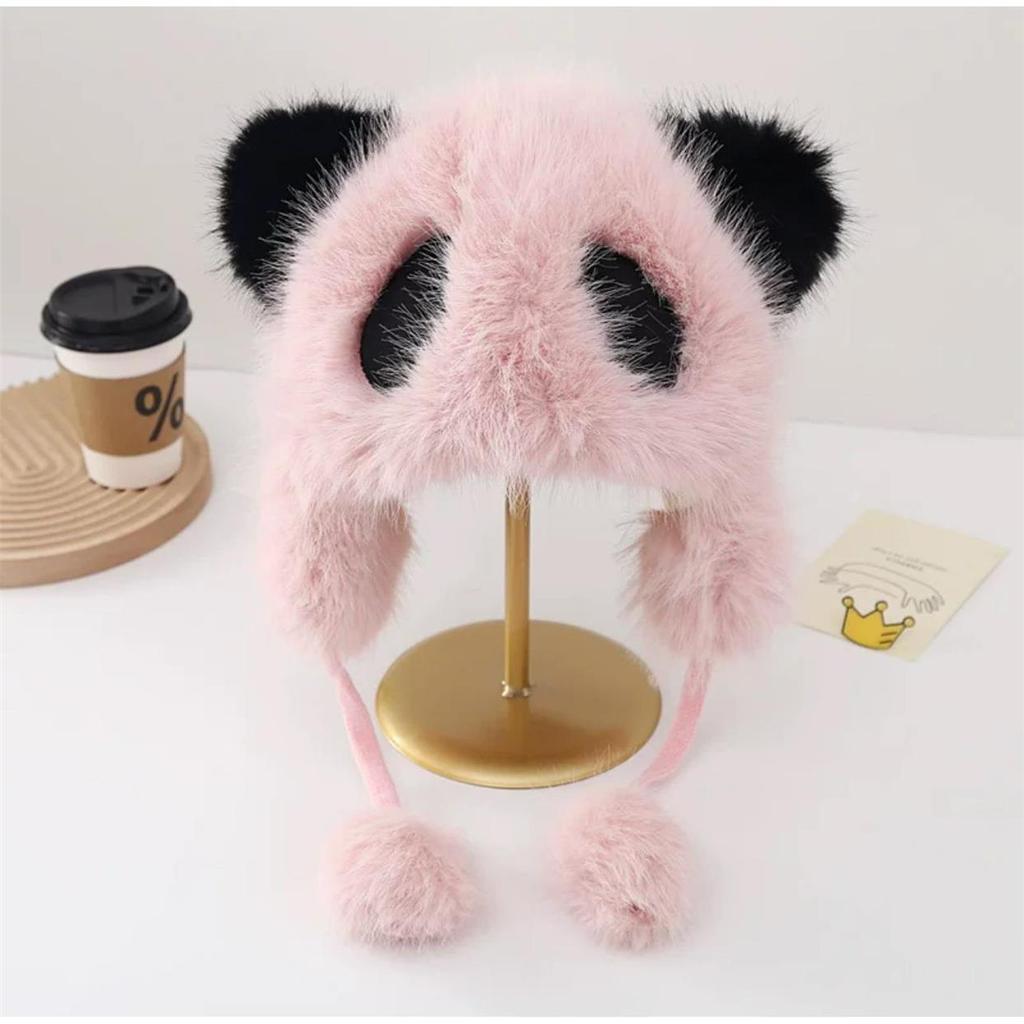 Winter female panda plush hat cute cartoon ear cap fluffy warm windproof cover