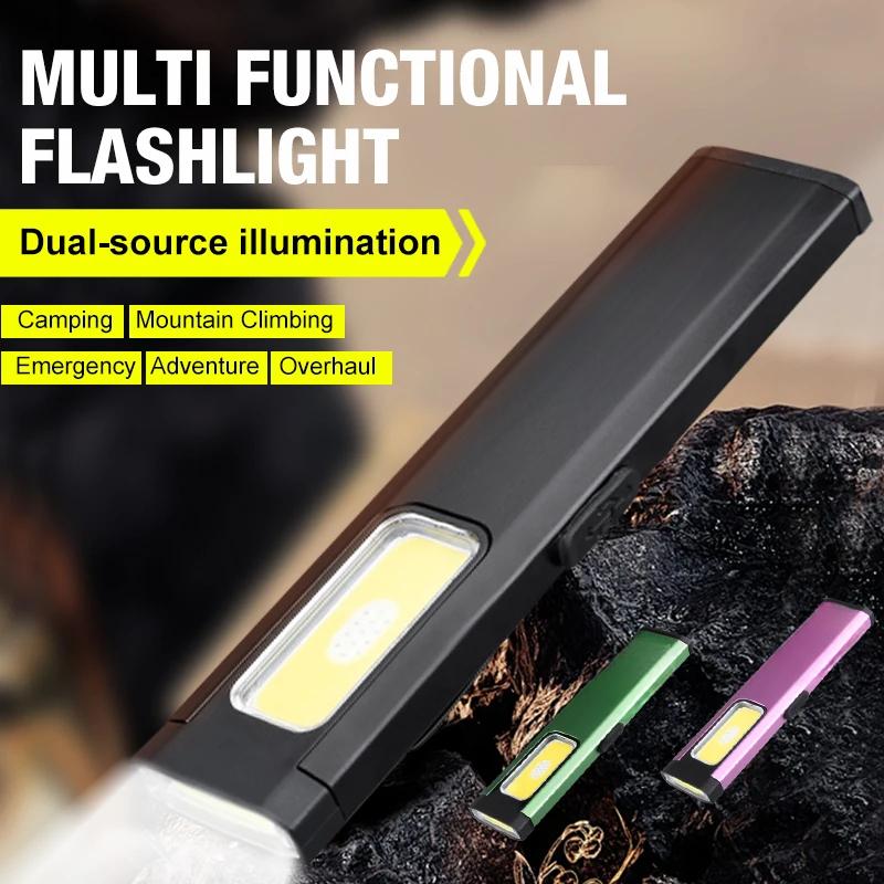 Portable LED Flashlight COB Floodlight and High Beam Aluminum Alloy Pen Clip Work Light Built In Battery with Tail Magnet