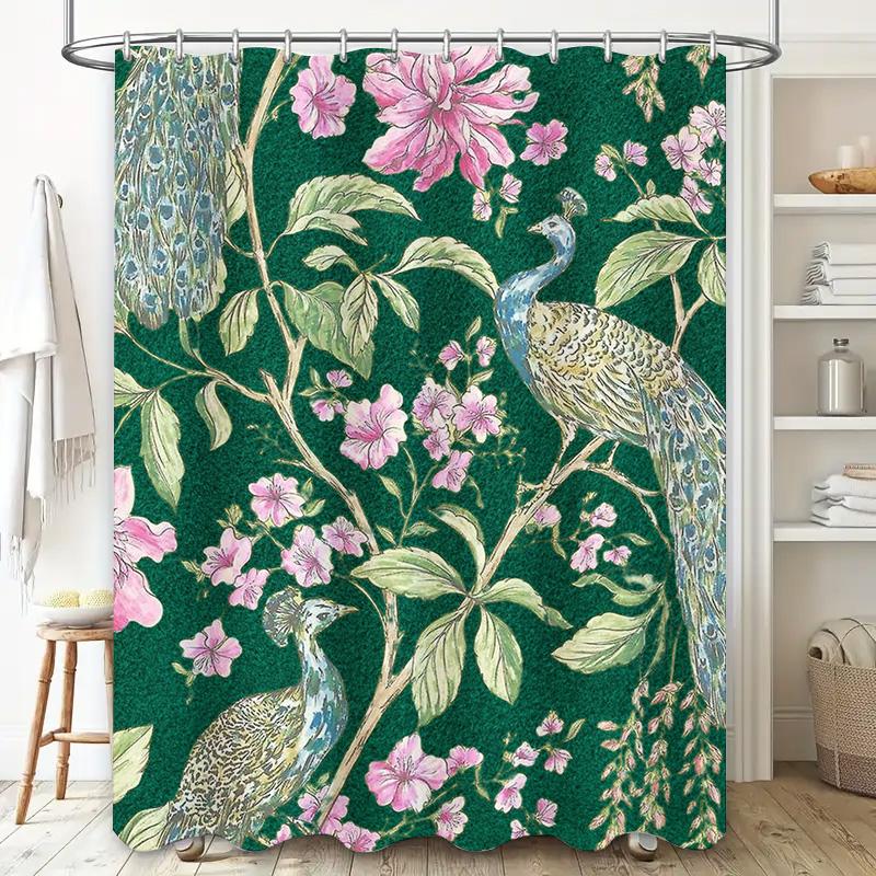 Peacock Floral Green Bath Mat Shower Curtain Decorative Home Textile Waterproof Decoration for Bathroom Pink Flowers Pattern 3D