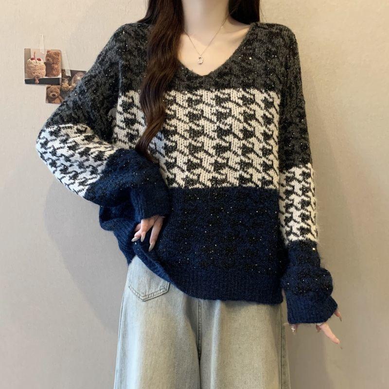 Maglione da Donna Pullover Stile a Quadri Colorblock Lavorato a Maglia Stile Coreano Scollo a V Ampio Base Autunnale
