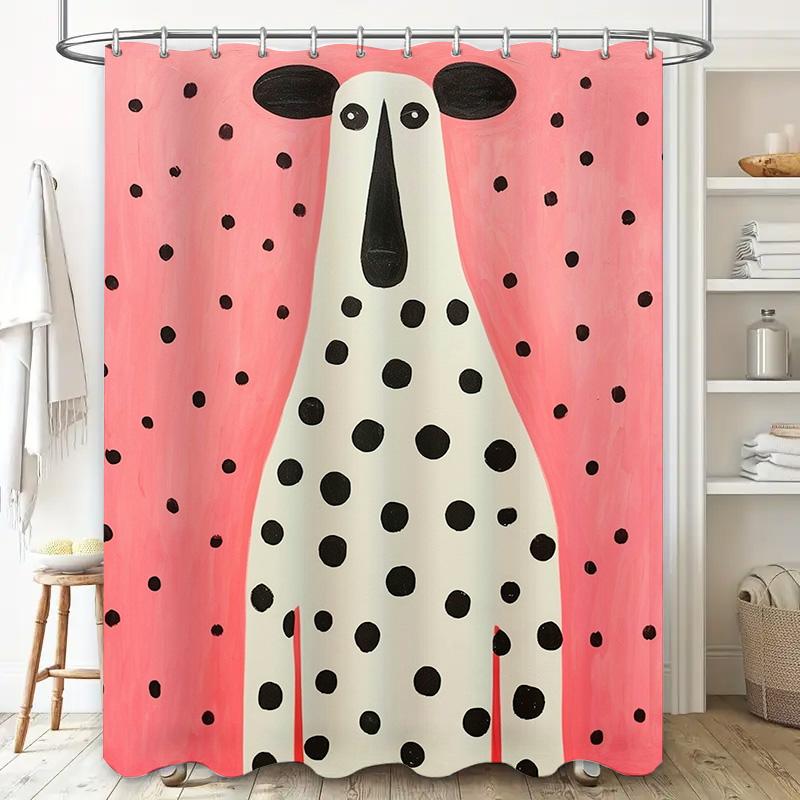 Modern Abstract Animal Shower Curtain Black Dots Dog Design For Bathroom Decor In Pink Color Printed Waterproof Fabric With Hook