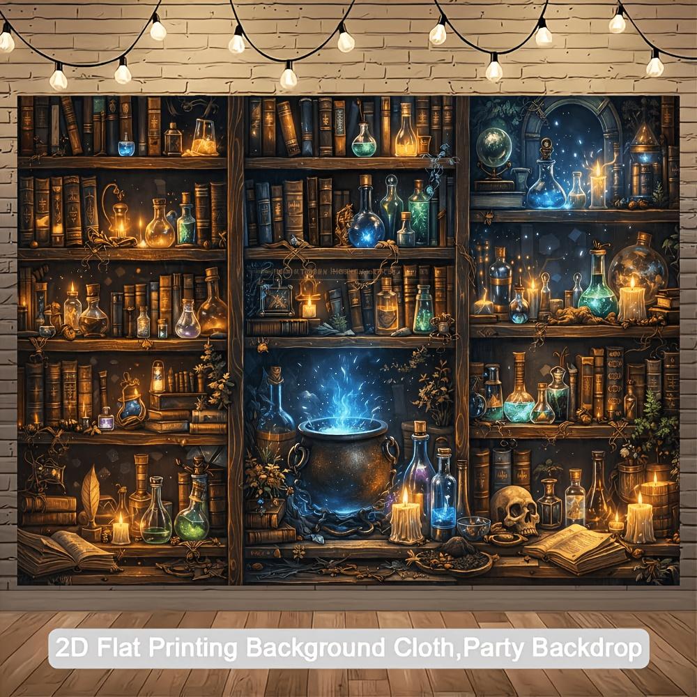 [Background Banner] 2D Plane Magic Theme Party Banner with Retro Magic Bookshelf Backgroundzyc