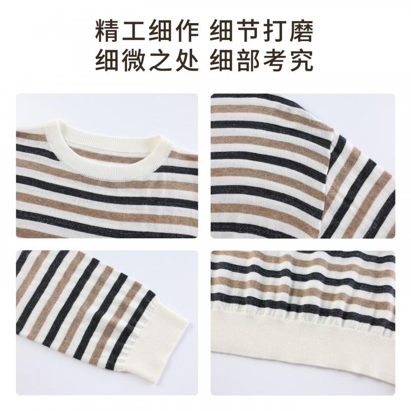 Womens Wool Blend Crewneck Sweater Loose Fit Long Sleeve Striped Knit Top Winter