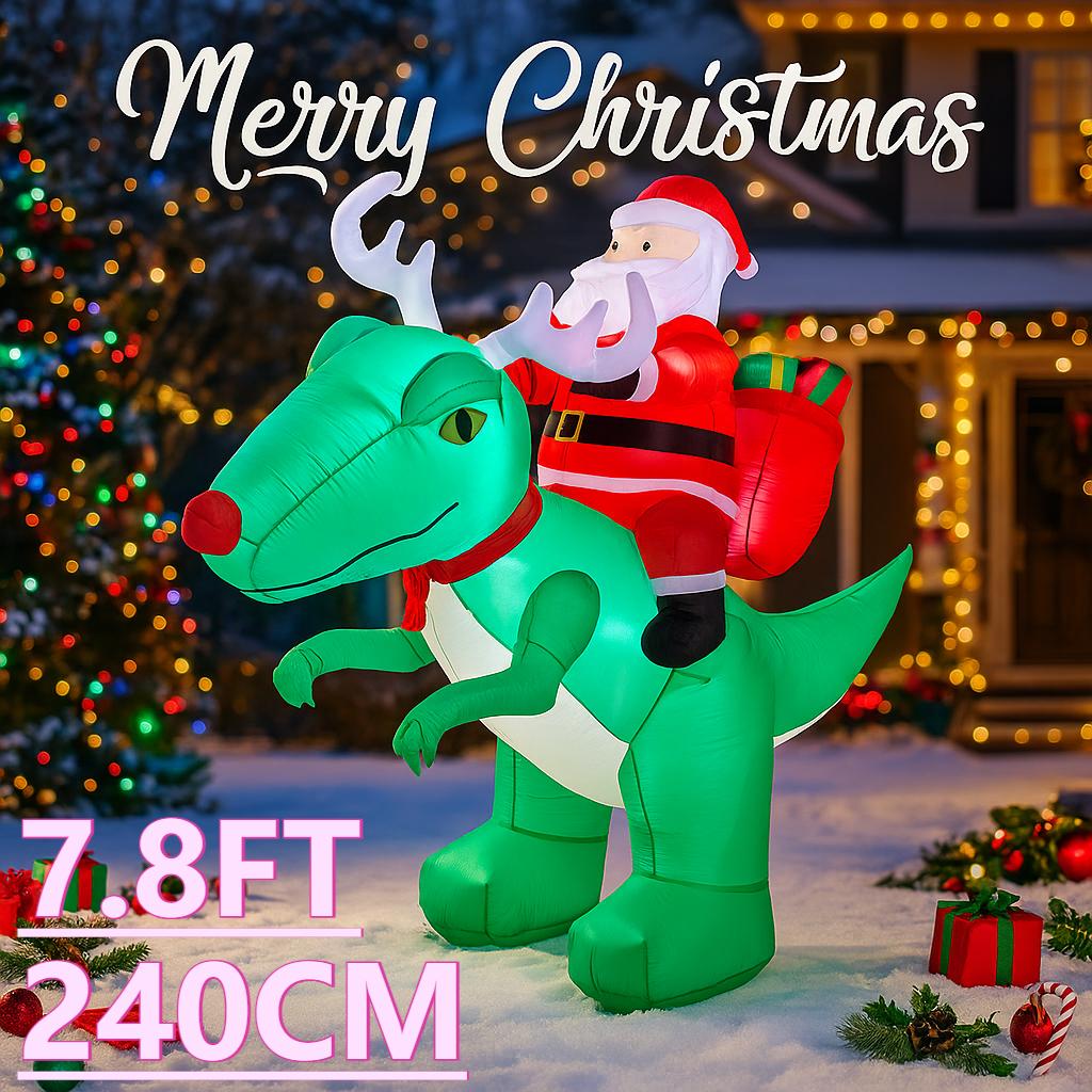 7.8FT LED Inflatable Xmas Yard Decor Santa Riding Dinosaur Christmas Decorations Lawn Garden Supplies Home Ornament Gifts Toy