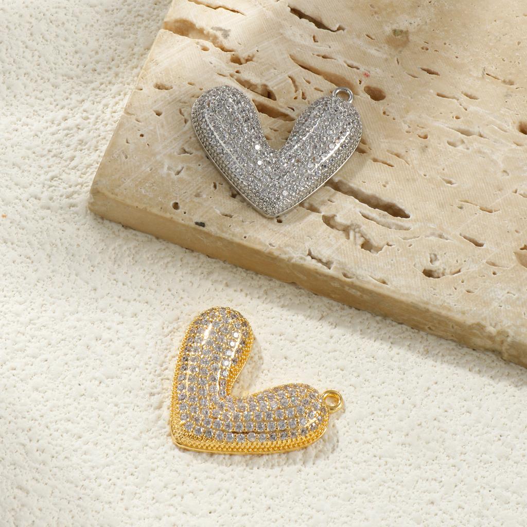 1 Piece Brass Valentine's Day Charms Gold Plated Heart Micro Pave Clear Cubic Zirconia Pendants For DIY Necklace 29.5mm X 27mm