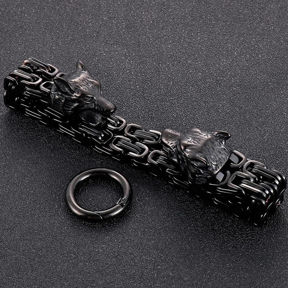 Gothic Herrenarmband mit Wolfskopf Schwarzgoldfarben 316L Edelstahl Doppelgliederkette Schmuck 8,66 Zoll Männliches Accessoire