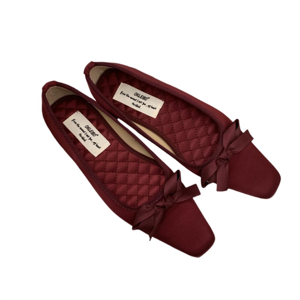 French retro satin square head single shoes women's 2025 spring and summer new light mouth bow evening thick heel ballet shoes