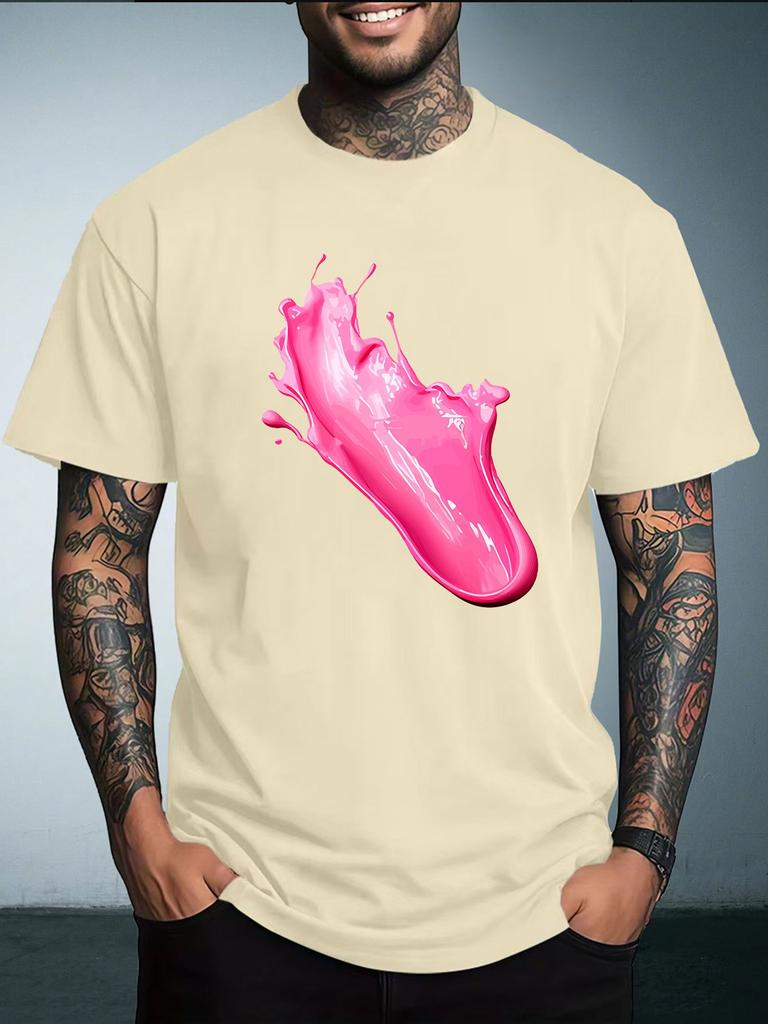 Unisex Summer White Short Sleeve Tee Glossy Pink Liquid Splash Abstract Graphic Print Crew Neck Loose Streetwear Male Casual Tops