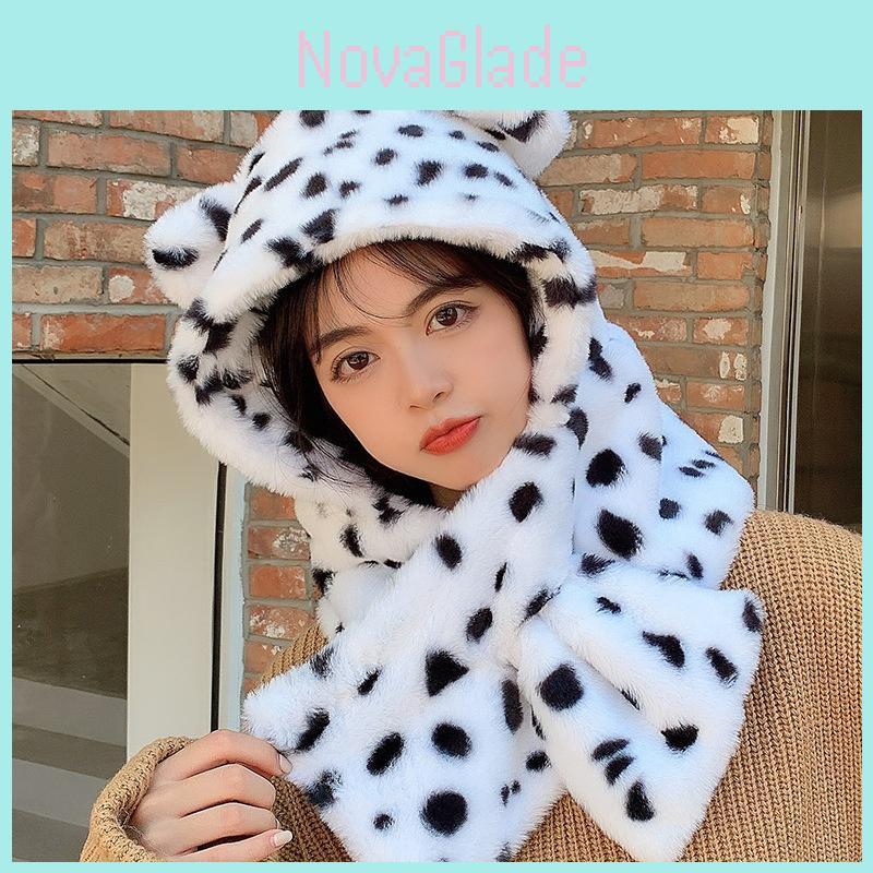 Plush Leopard Print 3d Hooded Hat With Neck Warmer For Winter Warmth