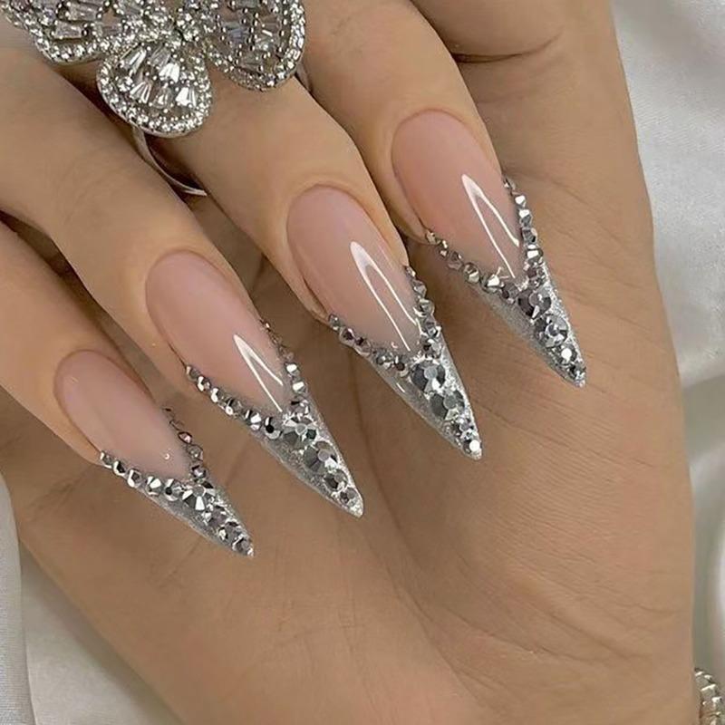 European and American bride nail French glitter burst glitter diamond wearing nail fake nail finished nail patch long nail patch