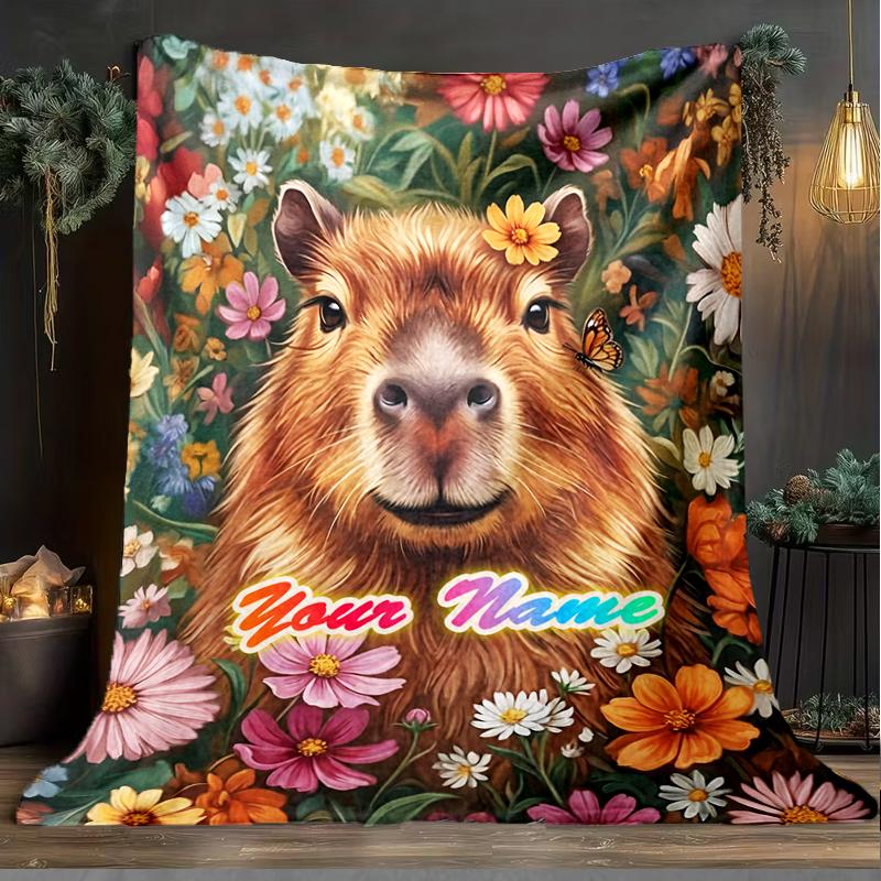 1PC Custom Name Capybara Floral Garden flannel blanket versatile,all-season throw suitable for the living room,bedroom,camping,travel,and gift