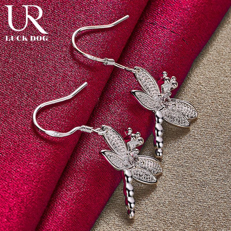 925 Sterling Silver Dragonfly AAA Rund Zirkon Hängeörhängen, Trendiga Bröllopssmycken