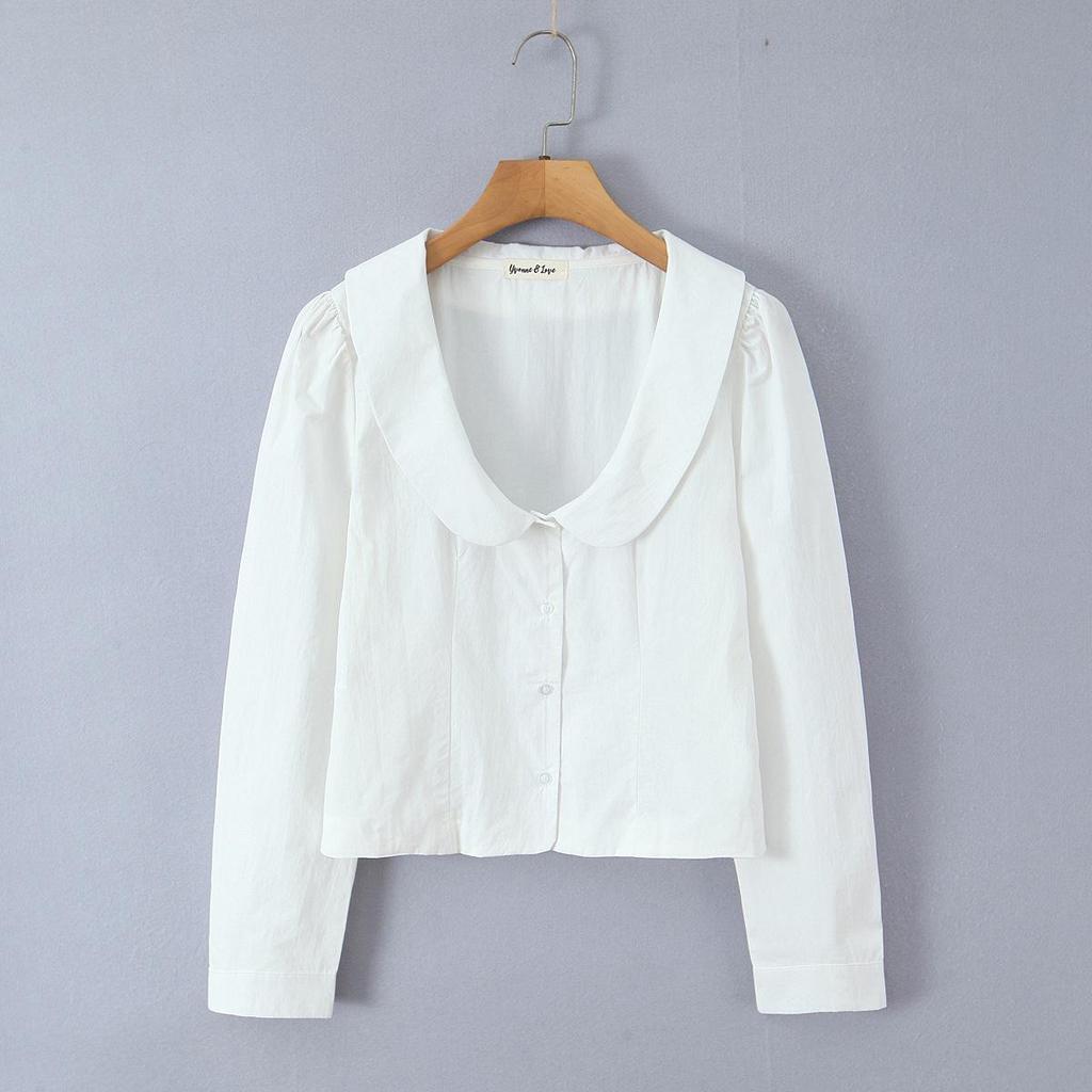 European Autumn Women's White Doll Collar Long Sleeve Slim Fit Shirt