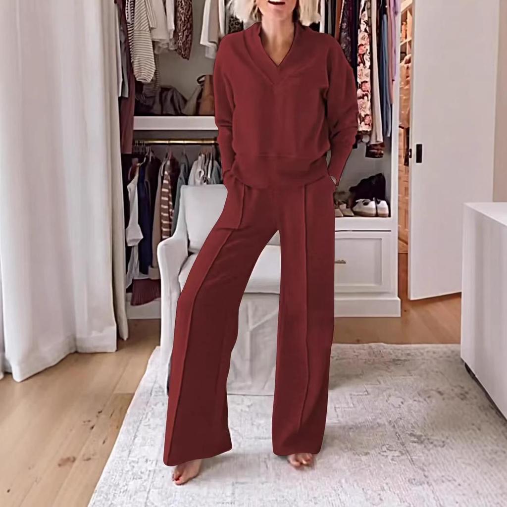 European & American Women's V-Neck Long Sleeve Top & Wide-Leg Pants Set for Autumn/Winter 2025.