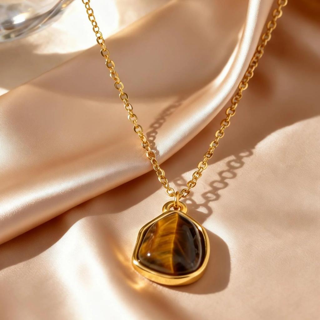 Collier Pierre Naturelle Œil de Tigre pour Femmes Acier Inoxydable Plaqué Or Collier avec Pendentif Pierre Géométrique Bijoux Esthétiques Cadeau