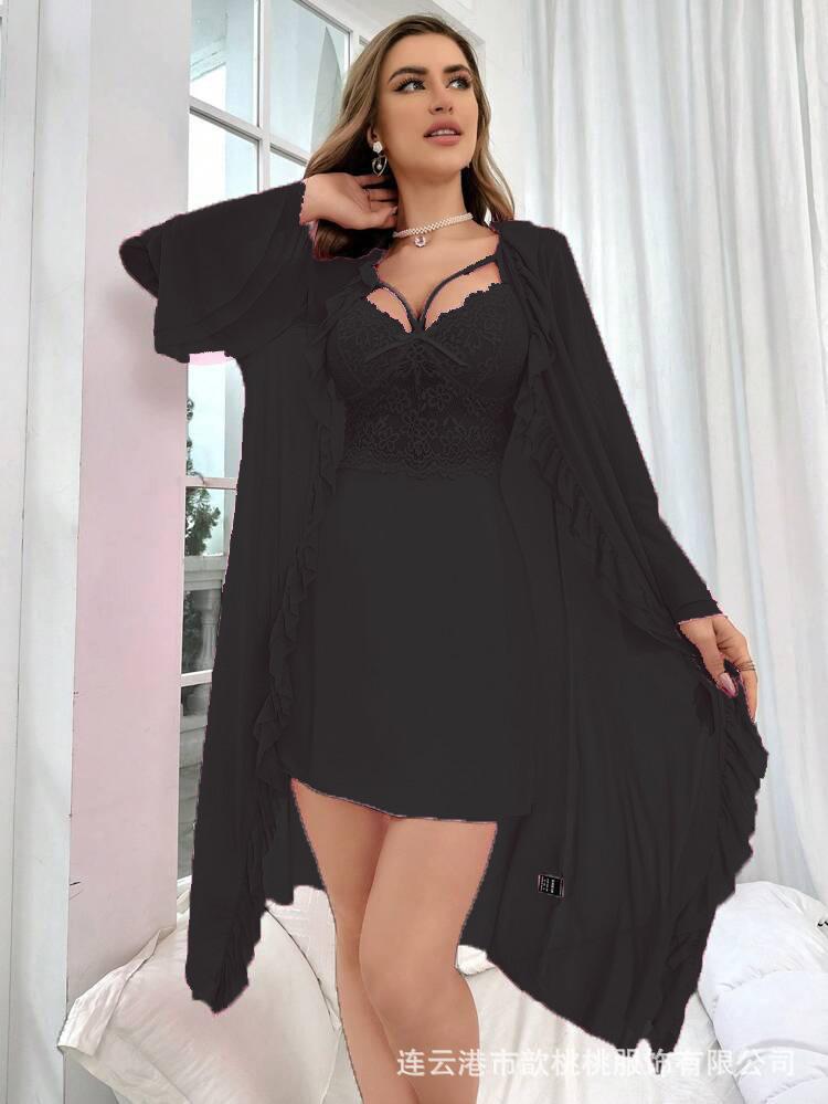 

European and American large size sexy lingerie lace perspective mesh suspender nightdress nightgown set S