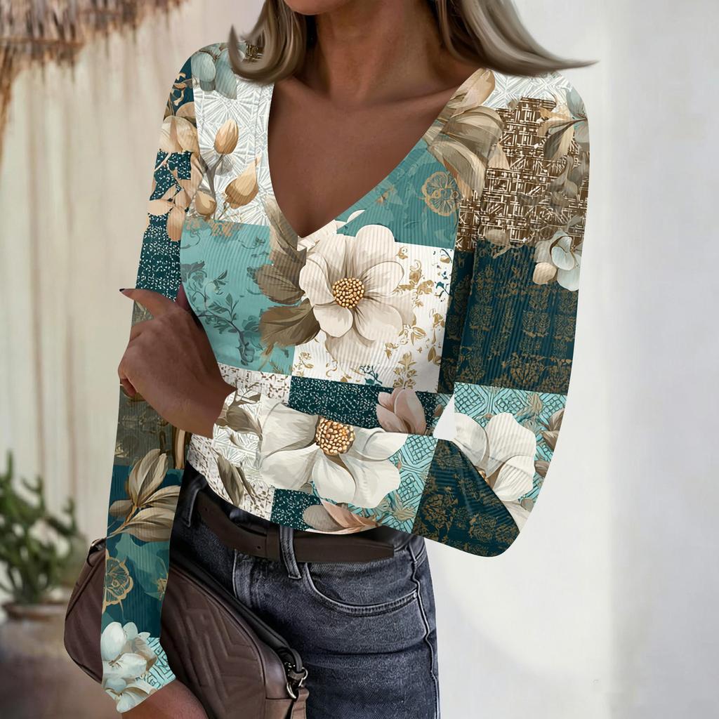 Women's Casual V-Neck Vintage Print Long Sleeve Ribbed Top for Fall and Everyday Wear