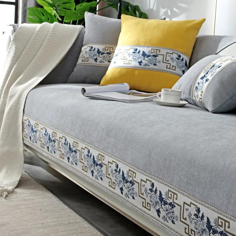 Chinese Style Chenille Sofa Cover Four Seasonal Universal Solid Wood Sofa Seat Cushion Solid Color Anti Slip Couch Cushion Cover