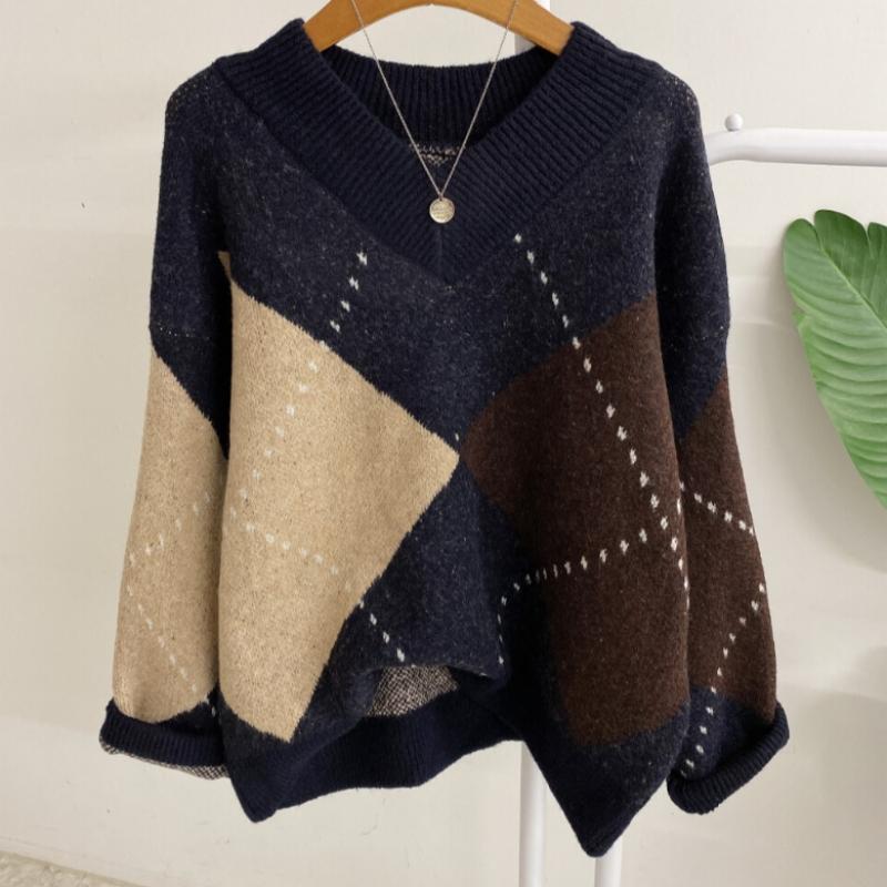 Honey J V Neck Colorblock Diamond Long sleeVe Knit 3color