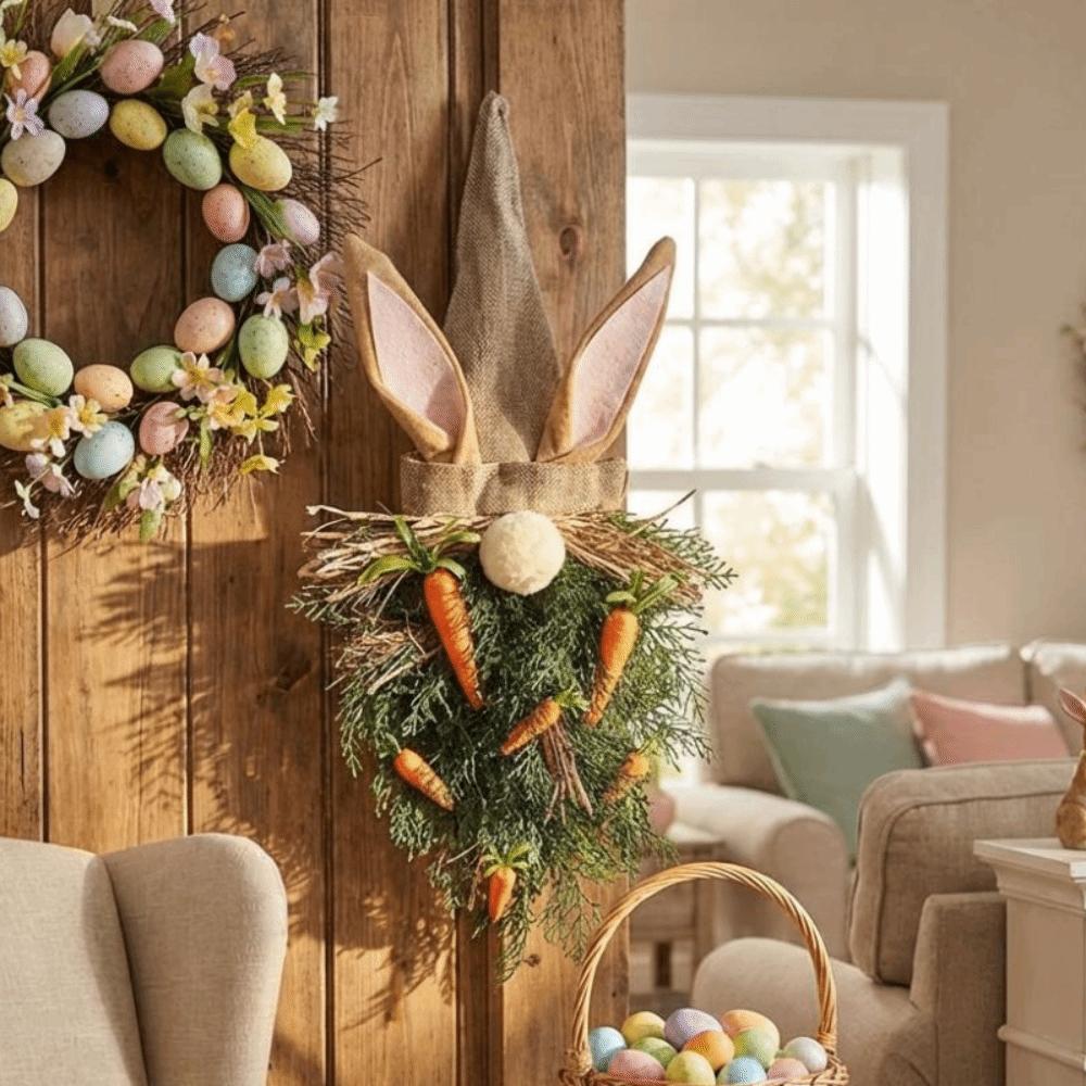 Rustic Style Easter Bunny Wreath Plastic Artificial Garland Easter Gnome Pendant  Porch Wall Decor