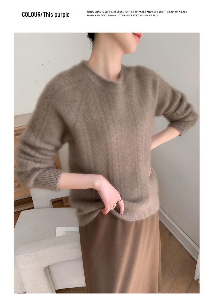 2025 A/W Women's Pure Wool Cable Knit Pullover: Round Neck, Rolled Hem, Seven-Stitch, Thickened Long Sleeve Sweater.