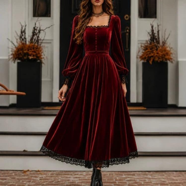 Robe Mi-longue Bleue en Velours pour Femme, Col Carré, Manches Longues, Style Vintage Élégant, Bordure en Dentelle, Robe Évasée