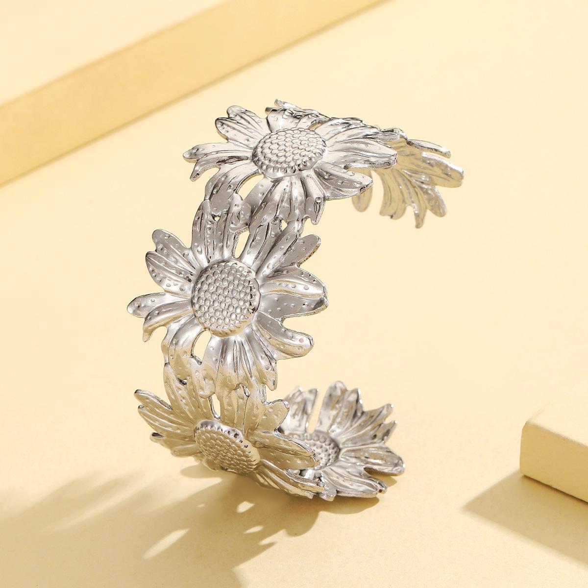 Wide Daisy Open Flower Gold-Plated Stainless Steel Bracelet for Women