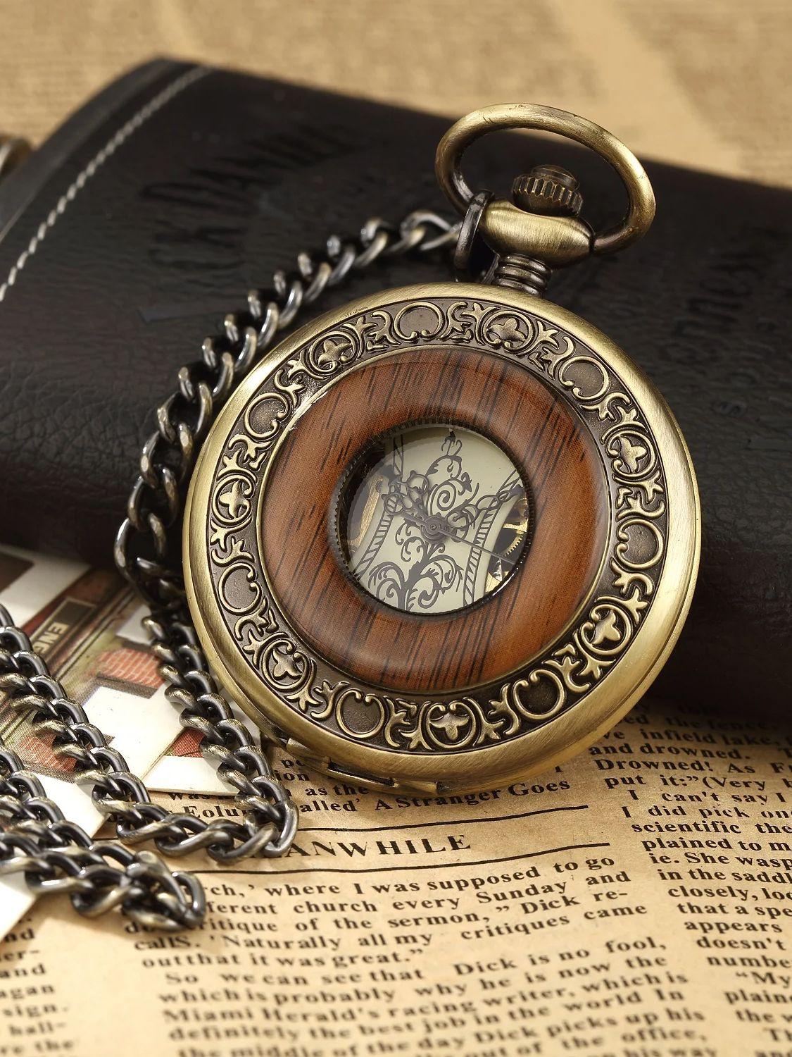 

Винтажные роскошные деревянные кольцевые карманные часы-скелетоны с откидной крышкой, с римскими цифрами, с ручным заводом, механические карманные часы reloj de bolsillo