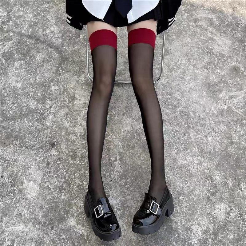 Red Edge Black Mid-Calf Suspender Stockings - Ultra-Thin Thigh-High, Sexy Plus Size.