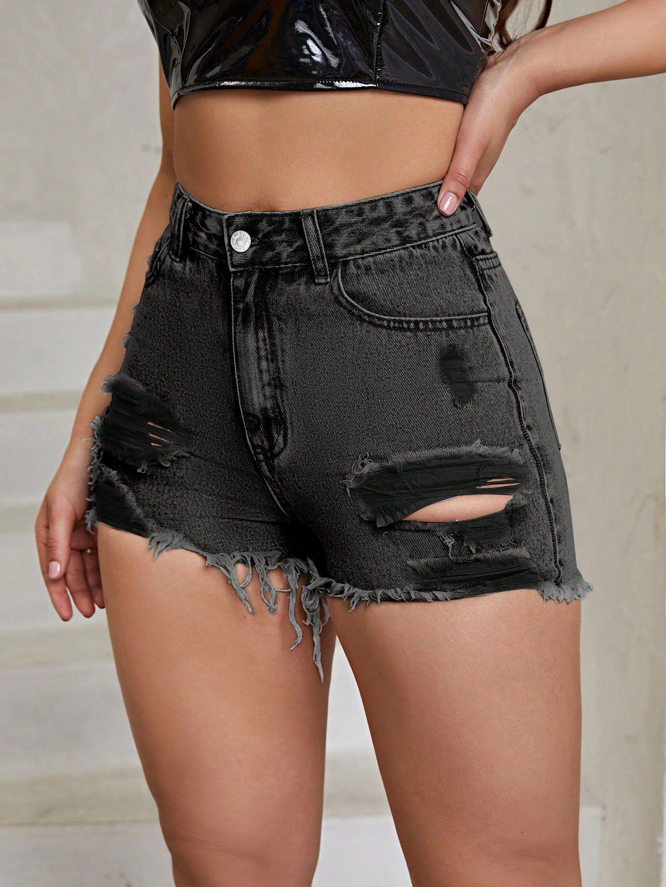 

High-Waisted Raw Edge Ripped Denim Shorts for Women - Casual Style, New INS Collection Small (27)
