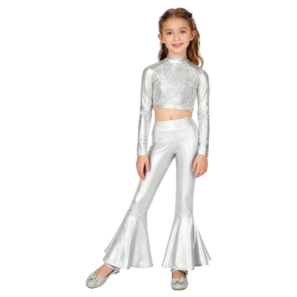 Dívčí kostým na jazzový tanec s rolákem, dlouhým rukávem, vpředu s flitry, metalický zkrácený top, zvonové lesklé kalhoty, sada