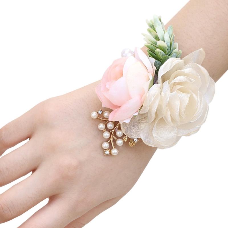 Elegante Corsage da Matrimonio Fiore da Polso Perle Per Sposa Damigella d'Onore Sposo Evento Formale Fiorato in Seta Bottoniera Accesso