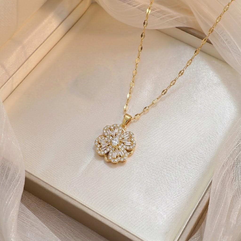 Korean Style Rotating Clover and Heart Pendant Necklace with Titanium Steel Chain