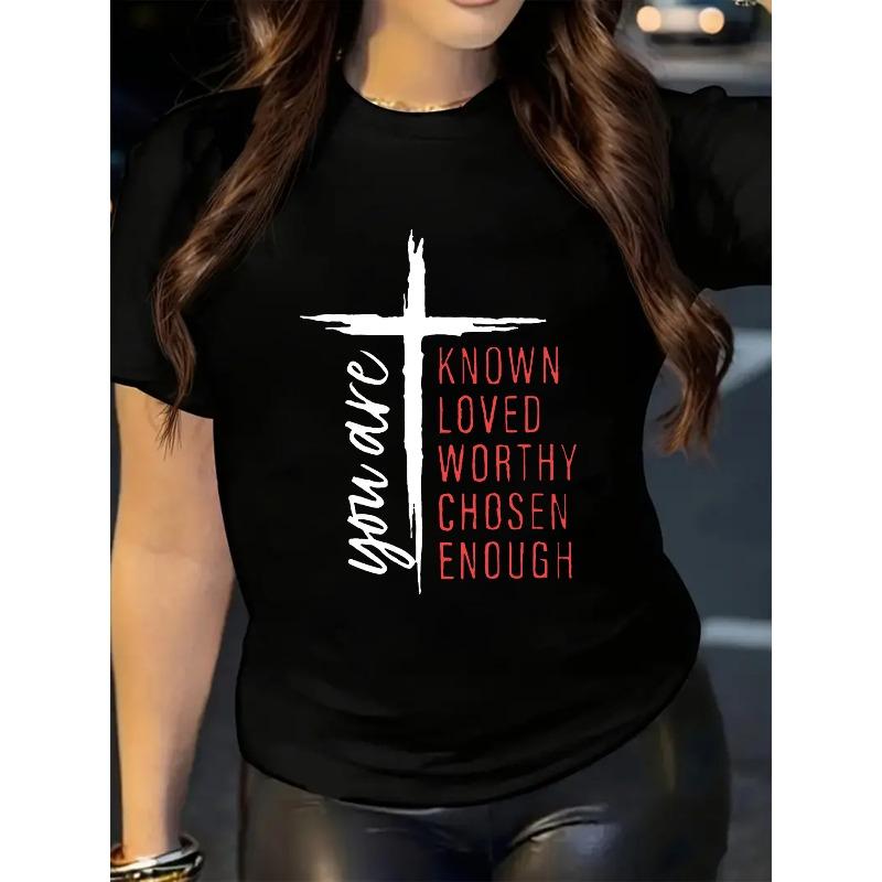 

Women Plus Size Christian Faith T-Shirt Red Black You Are Loved Worthy Chosen Enough Bible Verse Crew Neck Church Gift Casual Machine Washable Top 4XL чорний