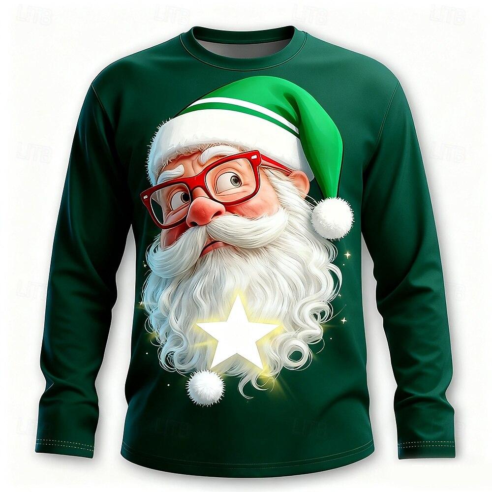 Funny Santa Clause Graphic Men's T-Shirts Fashion Christmas Style Long Sleeve Round Neck Pullovers Festival Family Party Clothes