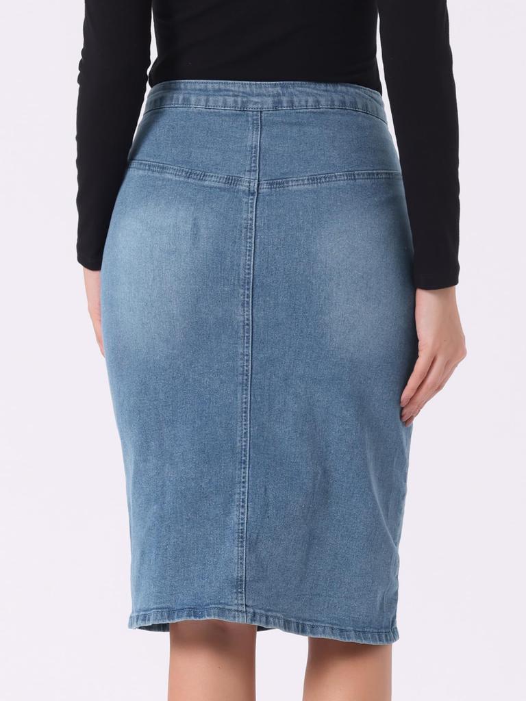 Allegra K Women's Casual Denim Skirt, High-Waisted, Slit, Stretch, A-Line, Light Blue, Size L