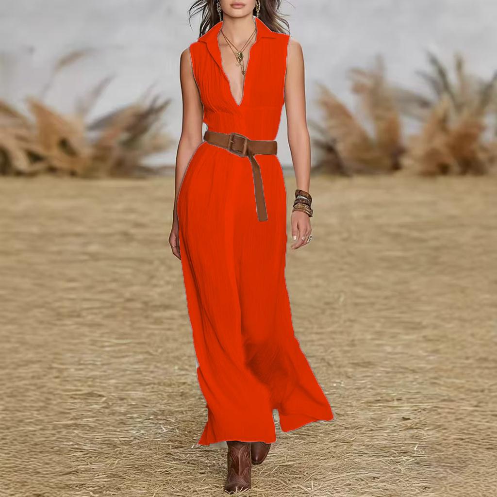 Women's Fashion Color V-neck Sleeveless Dress