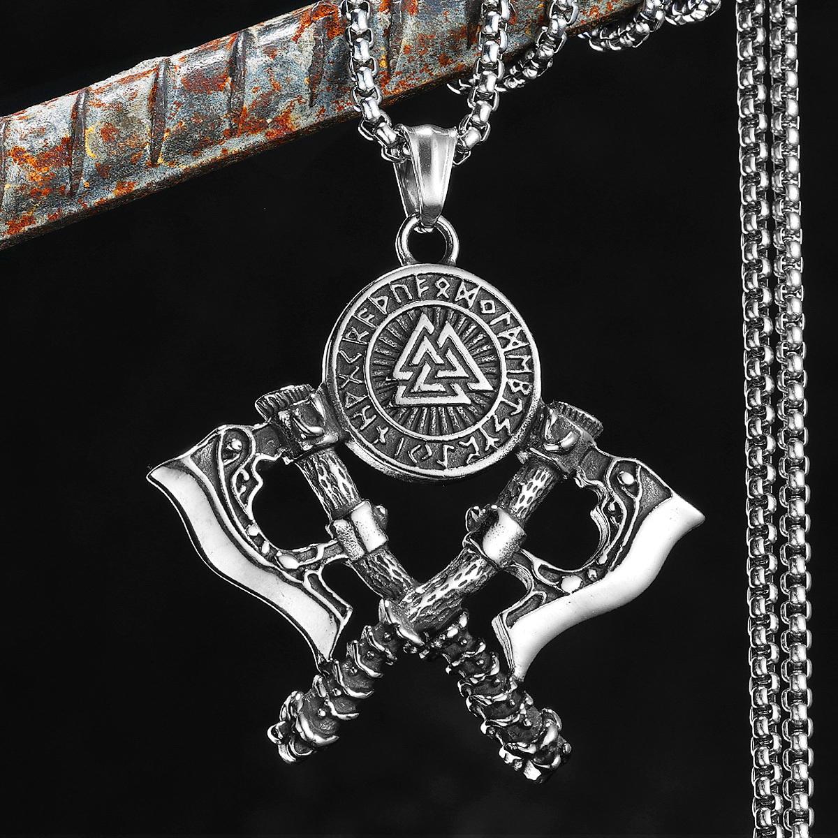 Viking Double Battle Axe Men Necklaces Stainless Steel Pendant Chain Women Punk Fashion Jewelry Accessories Gifts Wholesale