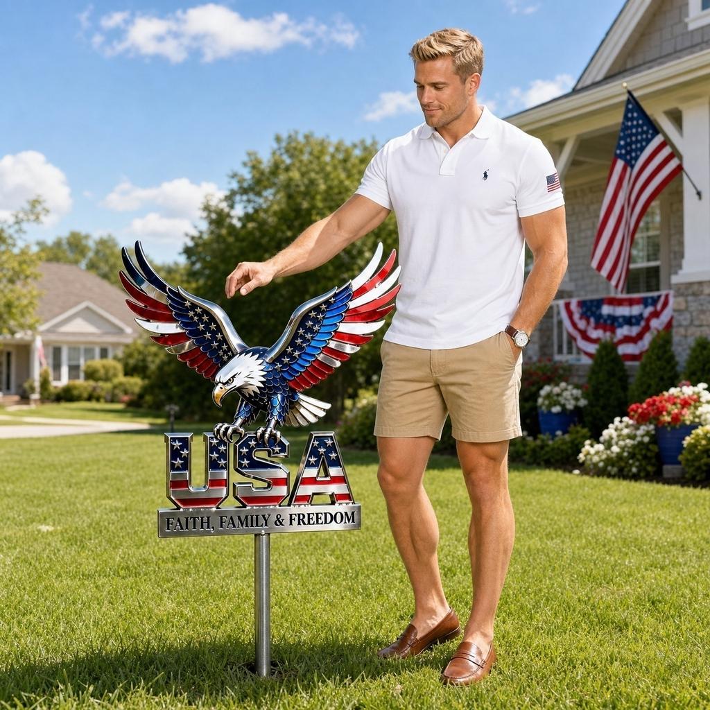 Metal Outdoor Garden Stake with Eagle and USA Design Featuring Faith Family and Freedom Text Suitable for Yard Decoration and Lawn Display