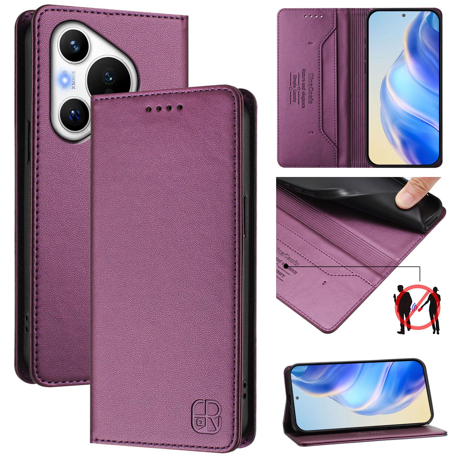 

Роскошный кожаный чехол для Huawei Pura 70/Nova 11/Nova12/Nova13/Nova Y90/Mate 60 RFID-блокировка слота для карт Магнитная подставка для притяжения Ударопрочный откидной чехол Huawei Pura 70 Pro 5G темно-фиолетового