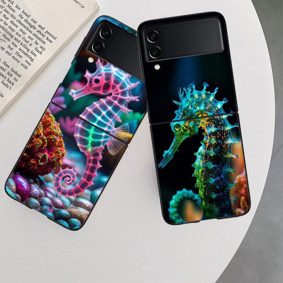 Seahorse Underwater Fantasy Case For Samsung Z Flip 6 5G Galaxy Z Flip 5 4 3 5G Black Hard Cell Phone Cover Luxury PC Shell Coqu