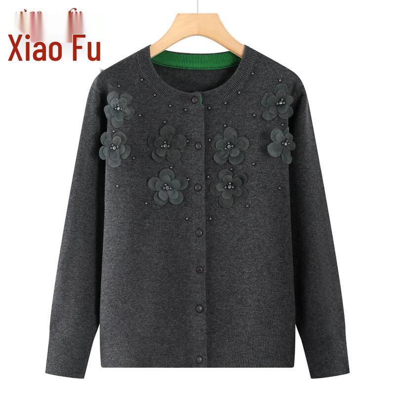Elderly Women's Floral Knit Cardigan