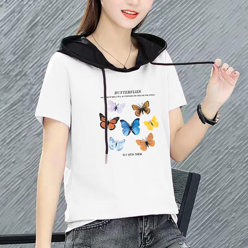 

Korean-Style Plus Size Hooded Short-Sleeve T-Shirt - 2025 Summer Fashion Women s Casual Sports Top XL [105-120 lbs]